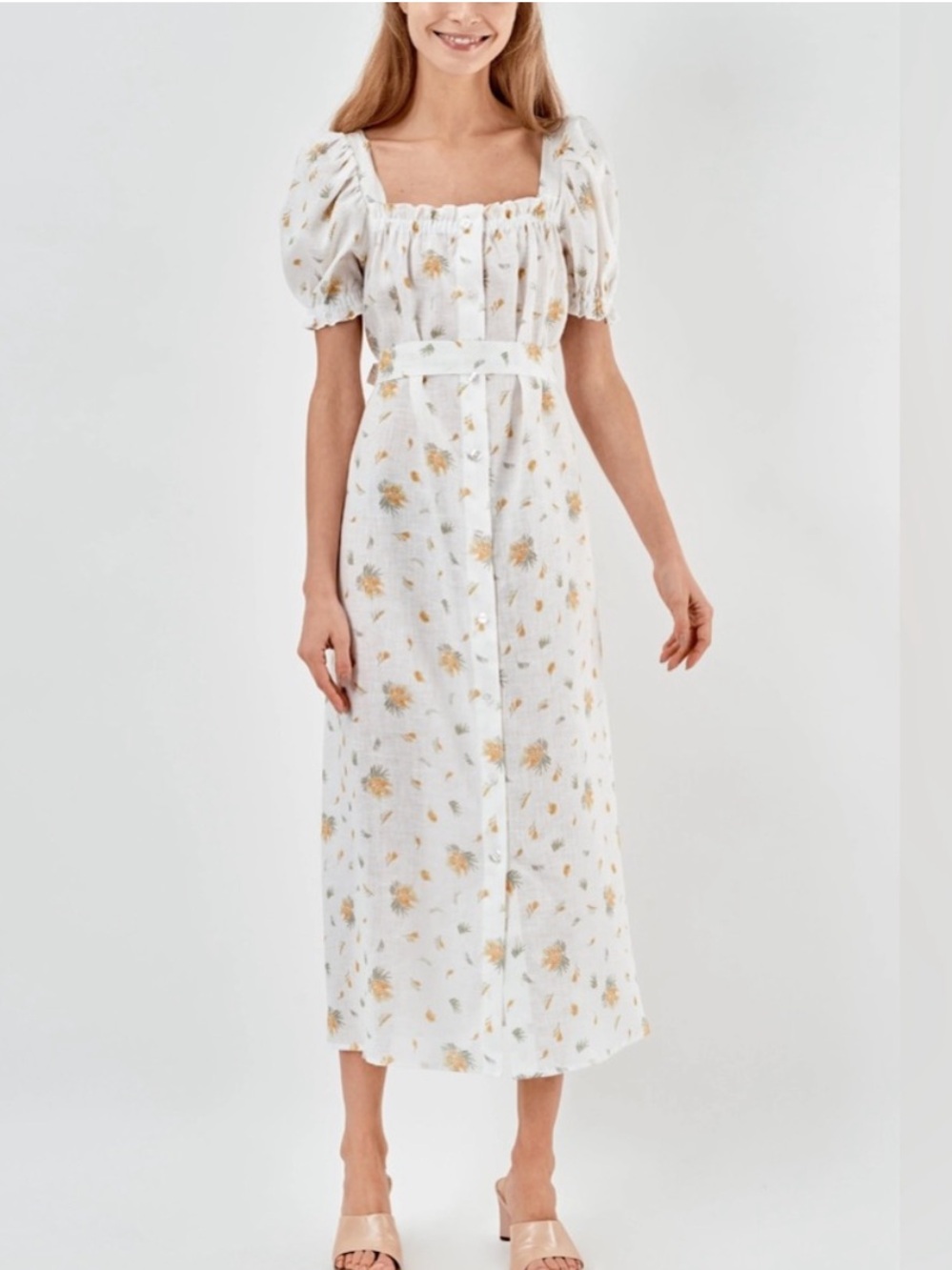 Sleeper Brigitte Midi Linen Dress in Daisy Floral Print